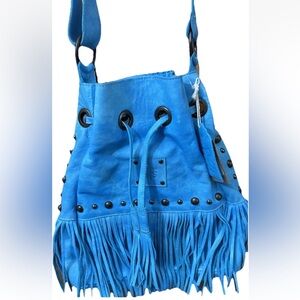 STS Ranchwear Blue "Free Spirit" Bucket Shoulder Bag with Fringe Zip Pocket NWT